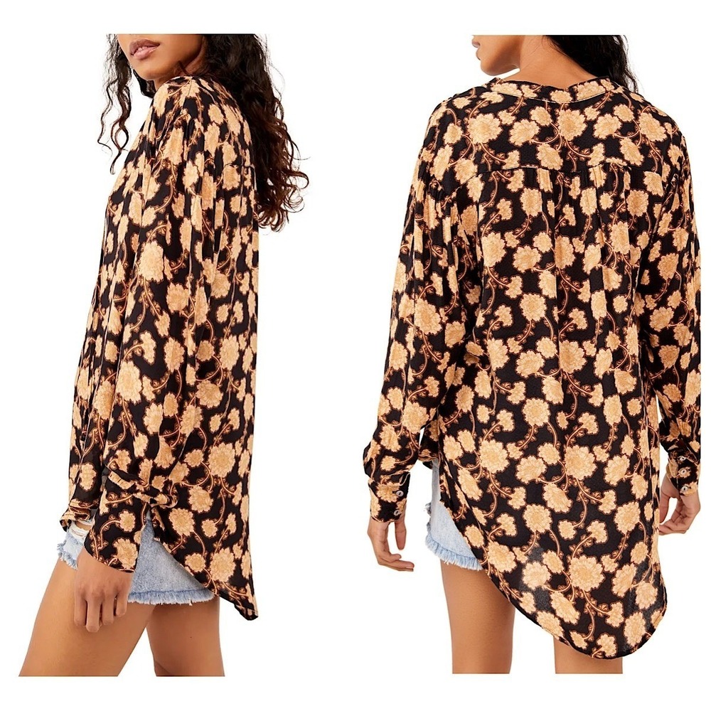 Free People Mia Tie Neck‎ Tunic Top Women Sz XL Multi Floral V-Neck Long Sleeve